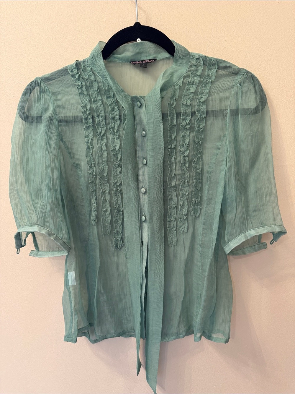 Traffic People purr silk Sheer Ruffle Tie-Neck Blouse - Mint